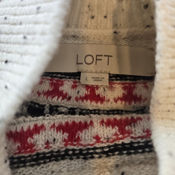Loft Fair Isle Reindeer Winter White Mock Neck Long Sleeve Knit Sweater L - Picture 7 of 8